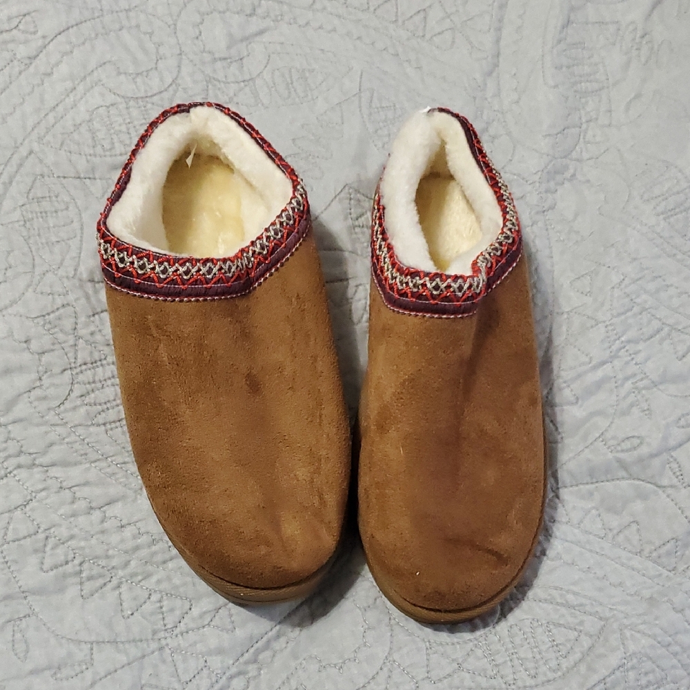 Brown Suede Slippers with Red Trim